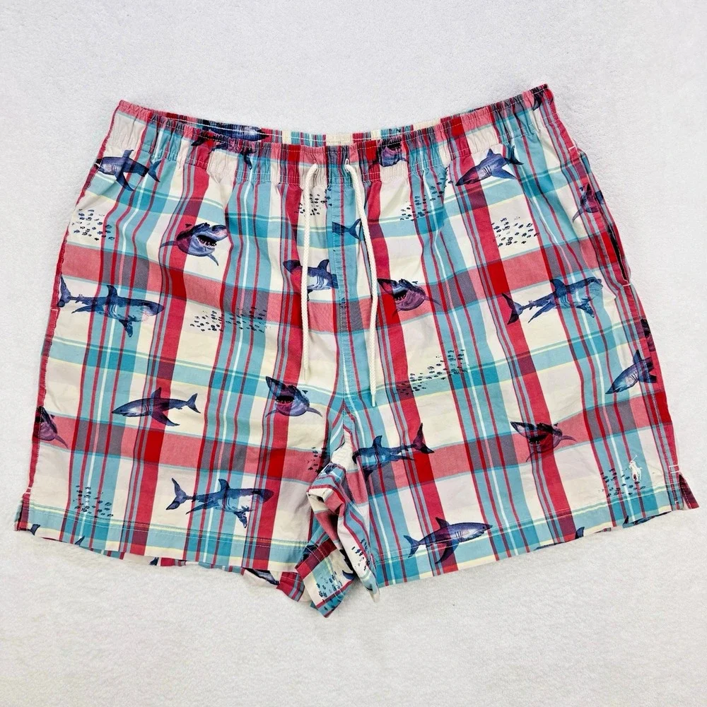 Ralph Lauren Polo Sport Swim Shorts Plaid RWB Sharks Trunks Suit XL Fish VTG Y2K